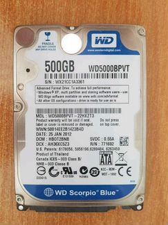 HDD жесткий диск WD5000bpvt 500 Гб