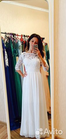 Белое вечернее платье из кружева и шифона р. XS