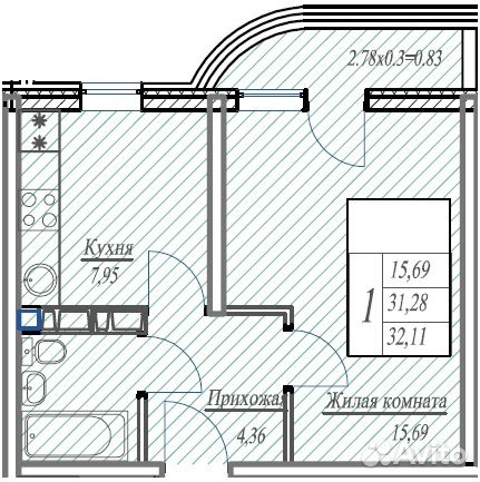 1-к квартира, 32 м², 22/24 эт.