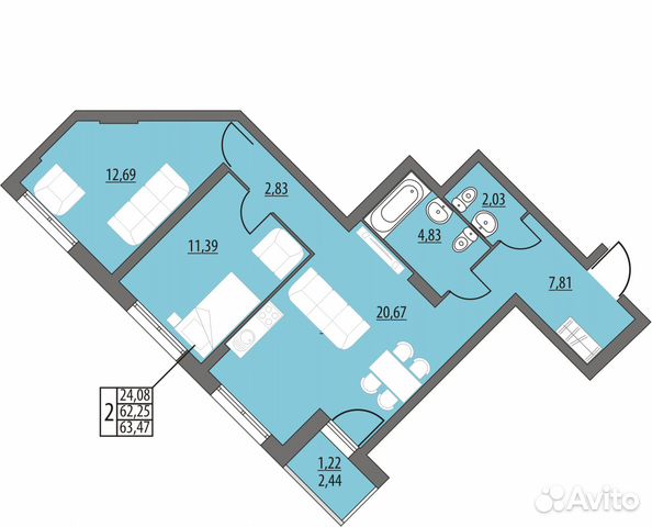 2-к квартира, 63.5 м², 4/14 эт.