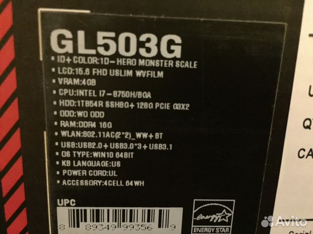 Новый Asus ROG GL503 Core-i7/15.6/16/1128/GTX1050T Новый Asus ROG GL503 Core-i7/15.6/16/1128/GTX1050T