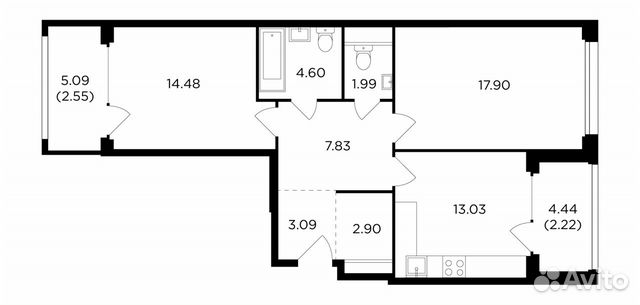 2-к квартира, 70.4 м², 9/21 эт.