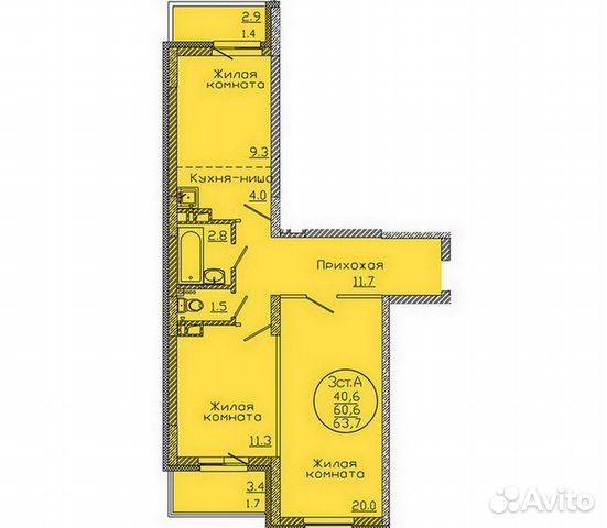 3-к квартира, 63.7 м², 9/23 эт. 3-к квартира, 63.7 м², 9/23 эт.