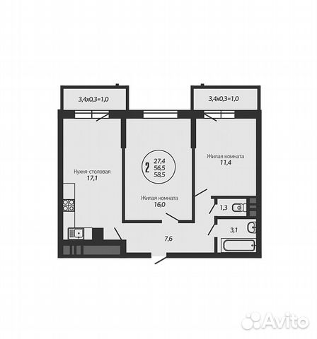 2-к квартира, 58.5 м², 12/18 эт.