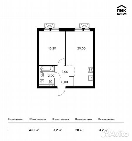 1-к квартира, 43.1 м², 20/33 эт.