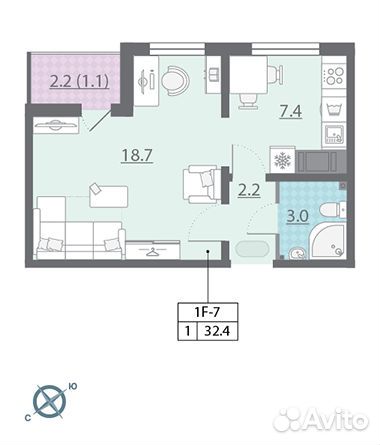 1-к квартира, 32.4 м², 12/25 эт.