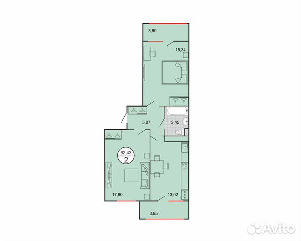 2-к квартира, 62.4 м², 2/7 эт.