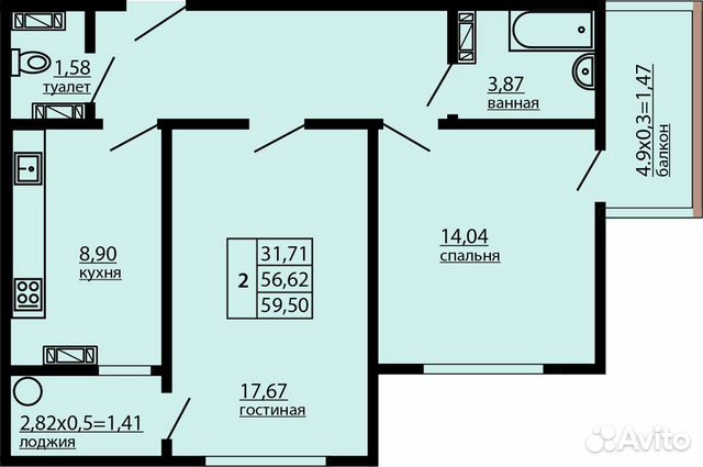 2-к квартира, 59.5 м², 2/10 эт.