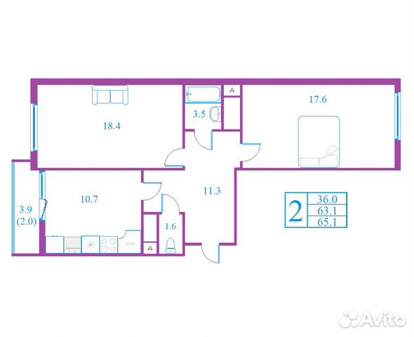 2-к квартира, 65.1 м², 15/17 эт.