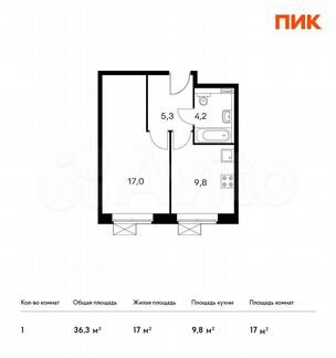 1-к апартаменты, 36.3 м², 8/15 эт.