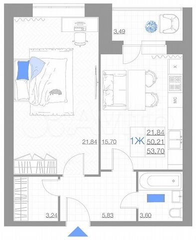 1-к. квартира, 53,7 м², 5/5 эт.
