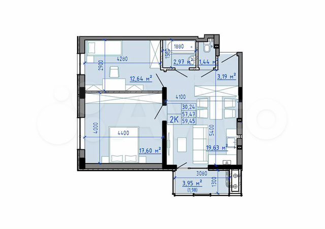 2-к. квартира, 59,4 м², 8/9 эт.