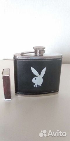 Фляжка Playboy из США. Стальная, натуральная кожа