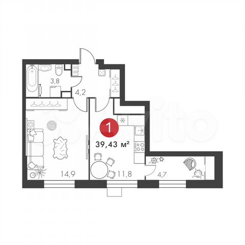 1-к. квартира, 39,7 м², 19/23 эт.