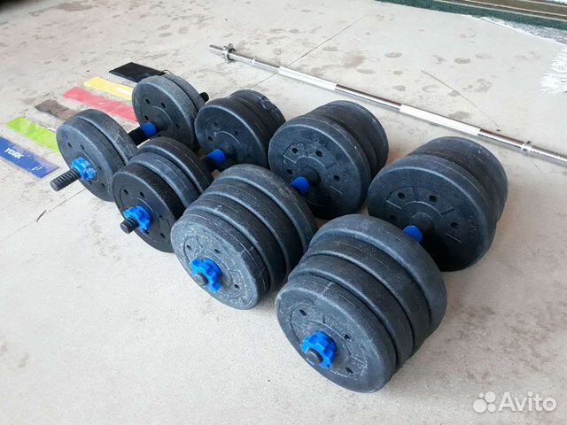 Гантели новые 2 по 10, 2 по 15, гриф