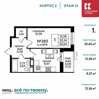1-к квартира, 33.6 м², 13/17 эт.