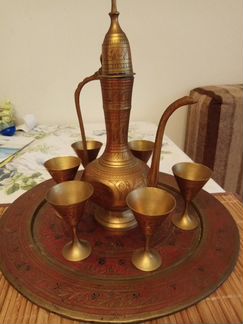 Набор латунь,кувшин кумган,рюмки и поднос.Индия