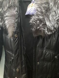 Кожанный пуховик с меховым воротником