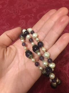 Тройной браслет с жемчугом и аметистом