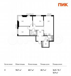 3-к квартира, 94.7 м², 6/13 эт.