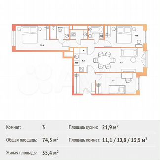 3-к квартира, 74.5 м², 13/13 эт.