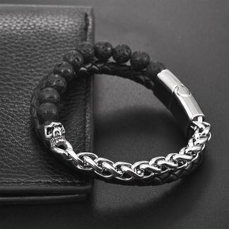 Браслет мужской кожа камень сталь Череп LTH064