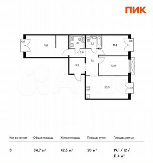 3-к квартира, 84.7 м², 7/9 эт.