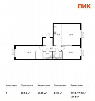 3-к квартира, 78.8 м², 6/33 эт.