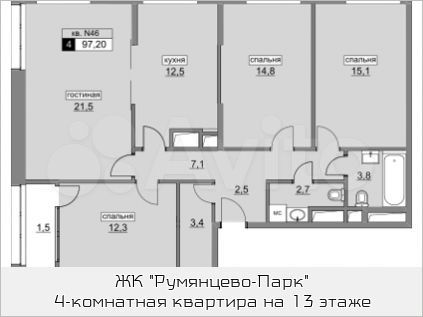 4-к квартира, 97.2 м², 13/22 эт.